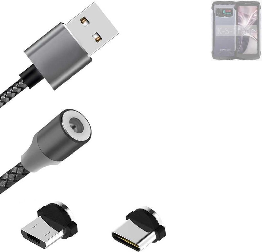 K-S-Trade Hochwertiges Magnet-Lade-kabel Sync-Kabel Daten-Kabel für Doogee Smini mit USB-Typ-C-Anschluss und Micro-USB-Anschluss 2A bis zu 480mbps