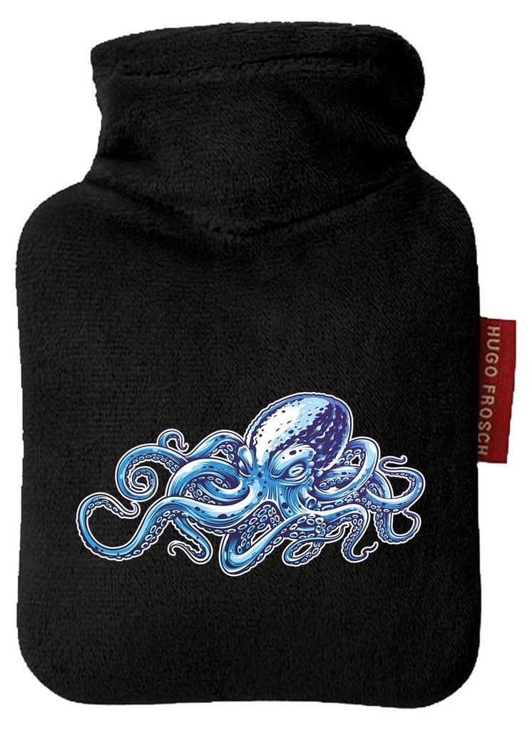 Huuraa Mini-Wärmflasche Kraken Fabelwesen 0,2 Liter Black Mini Veloursbezug Taschenwärmer Geschenkidee
