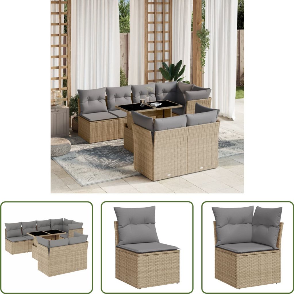 The Living Store 8-tlg. Garten-Sofagarnitur mit Kissen Beige Poly Rattan