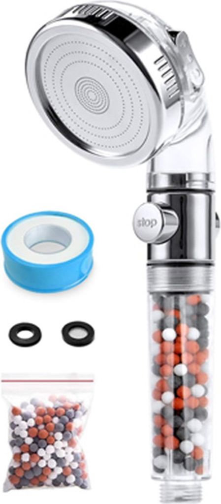 A shower head and its accessories are arranged on a white background.