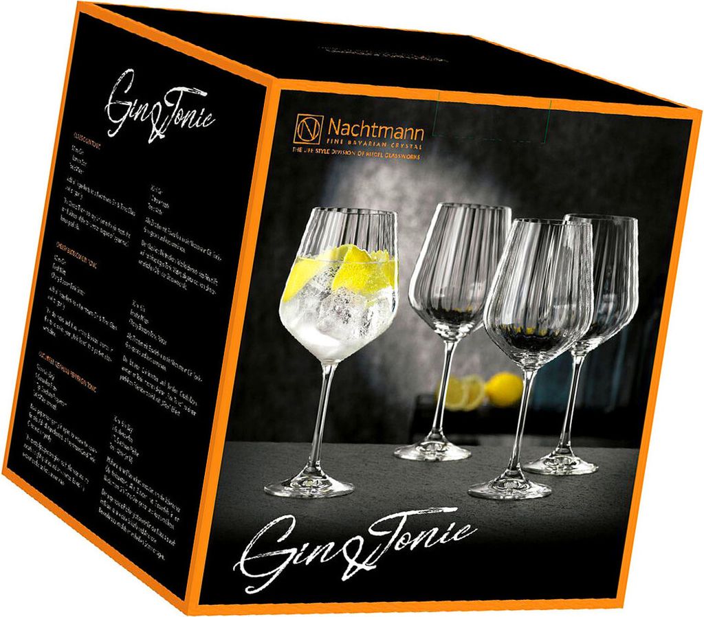 A product box for Nachtmann Gin & Tonic glasses, showing a picture of four glasses filled with a drink and garnished with lemon. The box has text describing the product and recipes.