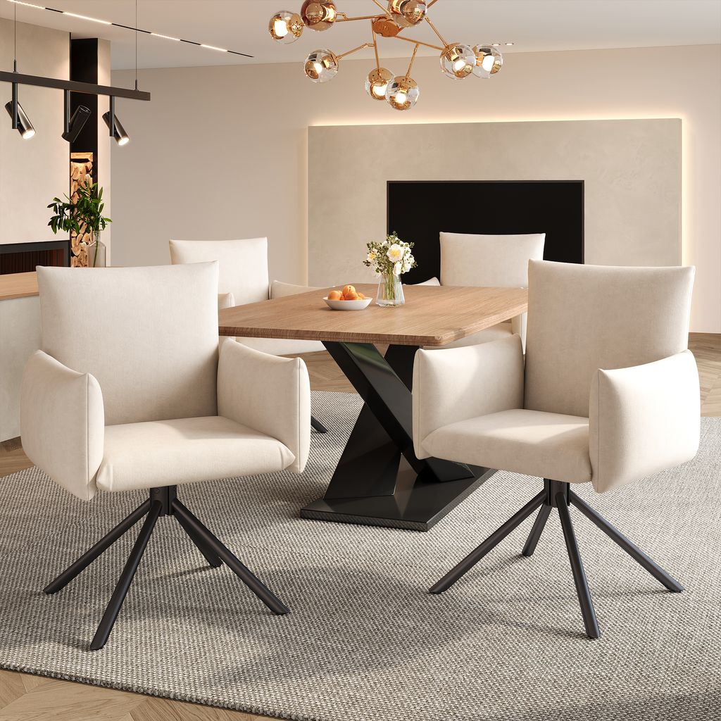 A dining room setting with a wooden table and four beige chairs.