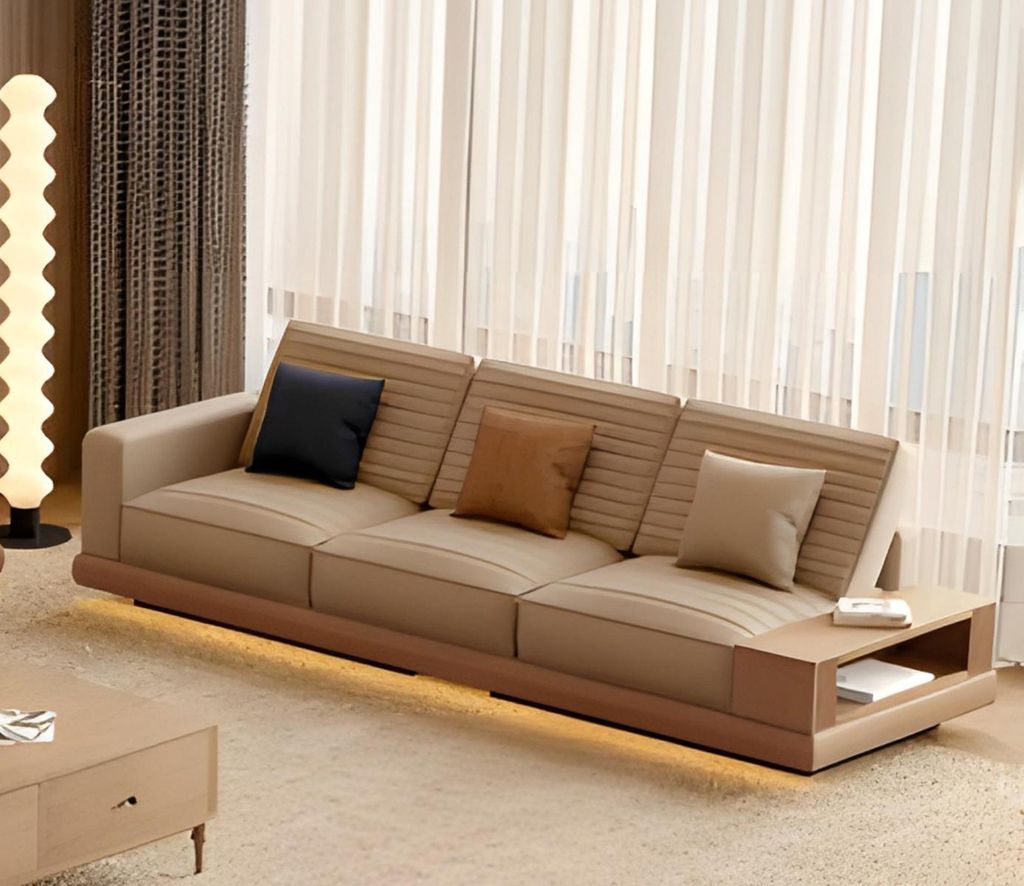 Beige Sofa 3-Sitzer Modern Holz Couchtisch Wohnzimmer Set 2tlg.