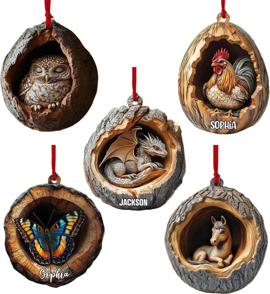 5-teiliges Set Weihnachtstier-Anhänger aus 2D-Acryl: Niedliche Wildtiere wie Waschbär, Eule, Eichhörnchen, Igel, Vogel, Baumhöhle, Holzstruktur...