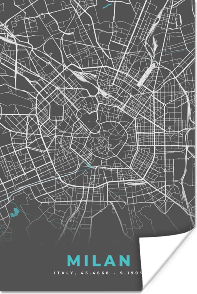 MuchoWow Poster Mailand - Blau - Karte - Stadtplan - Routenbeschreibung 40x60 cm - Plakate für die Wand - Poster Babyzimmer
