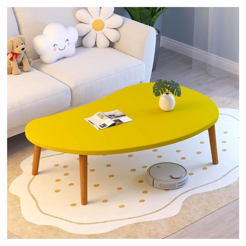 Moderner, gelber Couchtisch mit runden Ecken – rustikaler Beistelltisch für Wohnzimmer und Home Office – unregelmäßiges Design, 70 x 40 x 42 cm