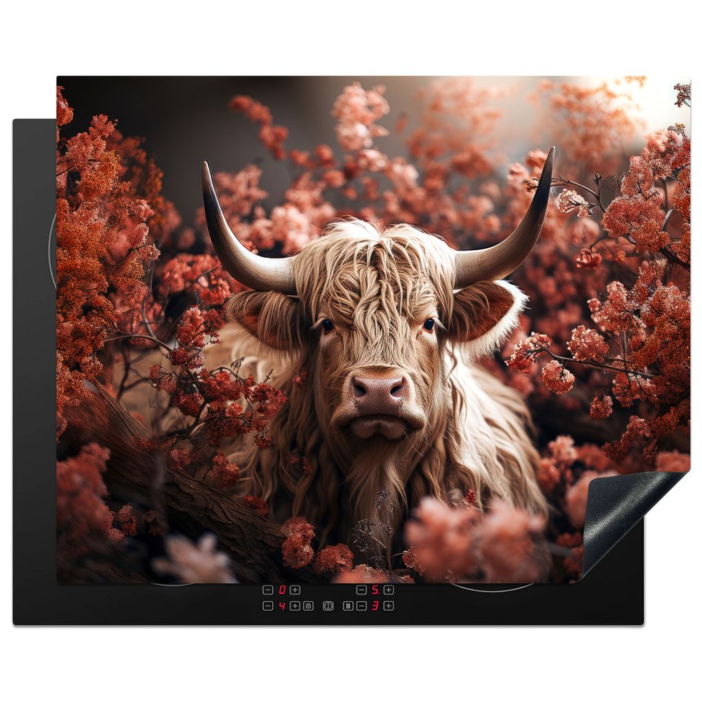 KitchenYeah Herdabdeckplatte Schottische Highlander - Tier - Natur - Blumen - Botanisch , 65x52cm, Küche Deko, Glaskeramikkochfeld Herdabdeckung...