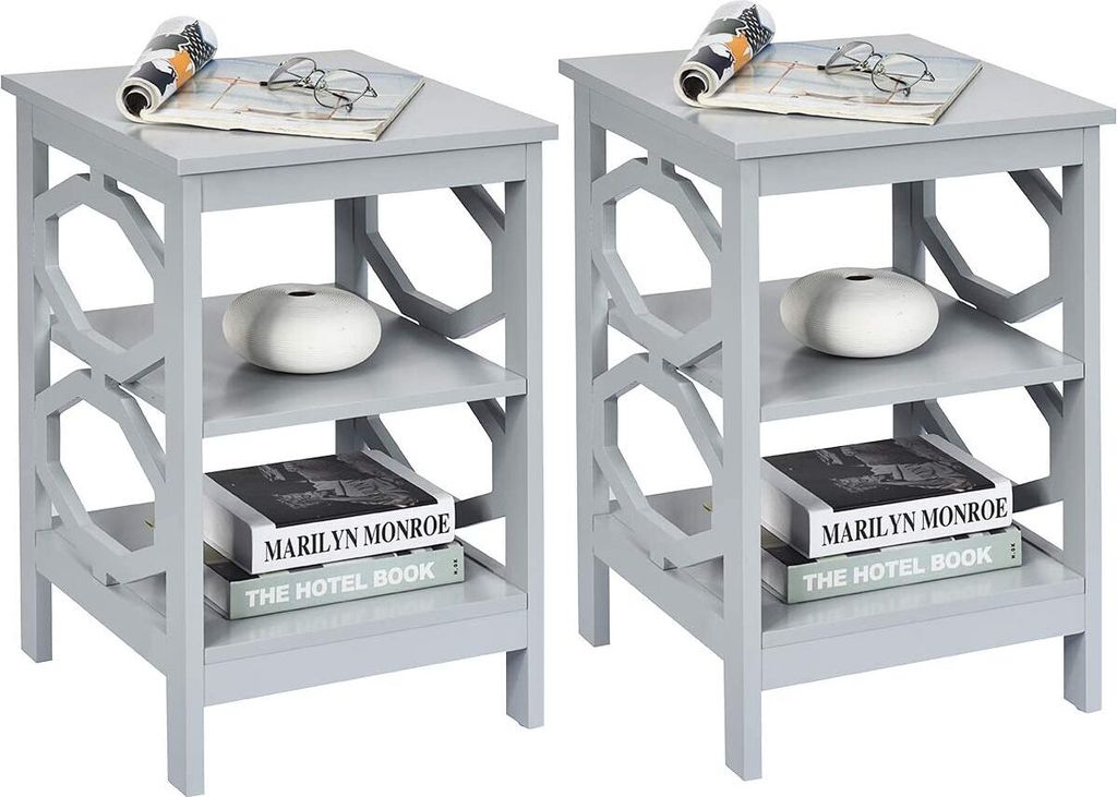 COSTWAY Nachttisch 3 Ebenen, Beistelltisch Nachtschrank, Sofatisch Couchtisch für Schlafzimmer, Wohnzimmer 40x40x61cm (2 Pack OO-förmig, Grau)