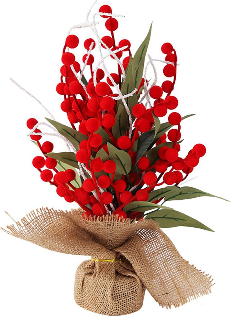 Kleine künstliche Weihnachtspflanzen mit Jute-Sockel, künstliche Kiefernzweige mit roten Beeren/Weihnachtssternen, für die winterliche Dekoratio...