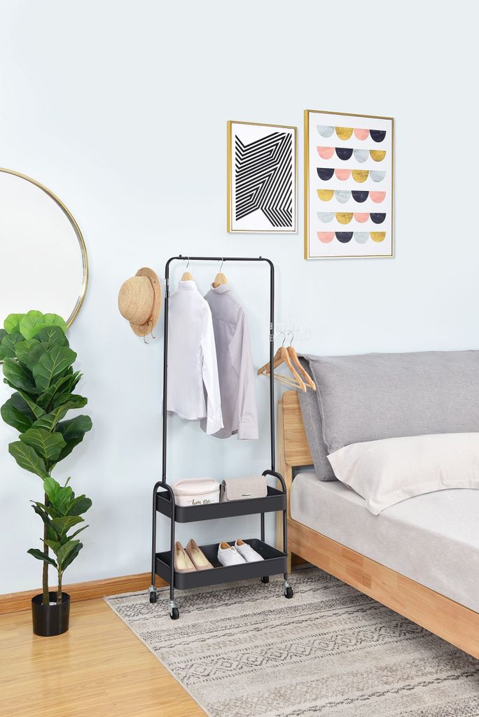 Theo&Cleo Kleiderstange auf rollen,mit 2 Korbböden,2 Kunststoffbügel, Geeignet für Schlafzimmer, Wohnzimmer, Flur zu Hause und das Büro.