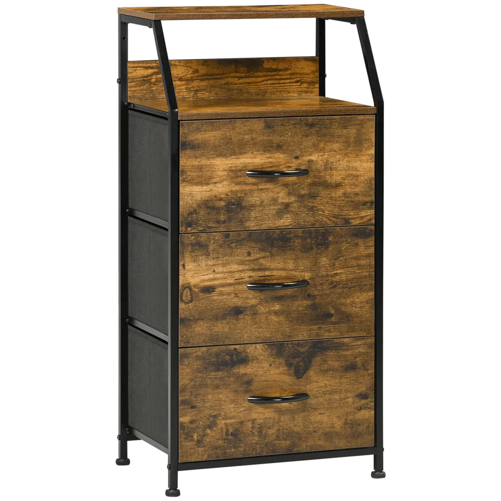 Mobile Industrial HOMCOM 92cm - 3 Cassetti in Tessuto e Ripiani Legno