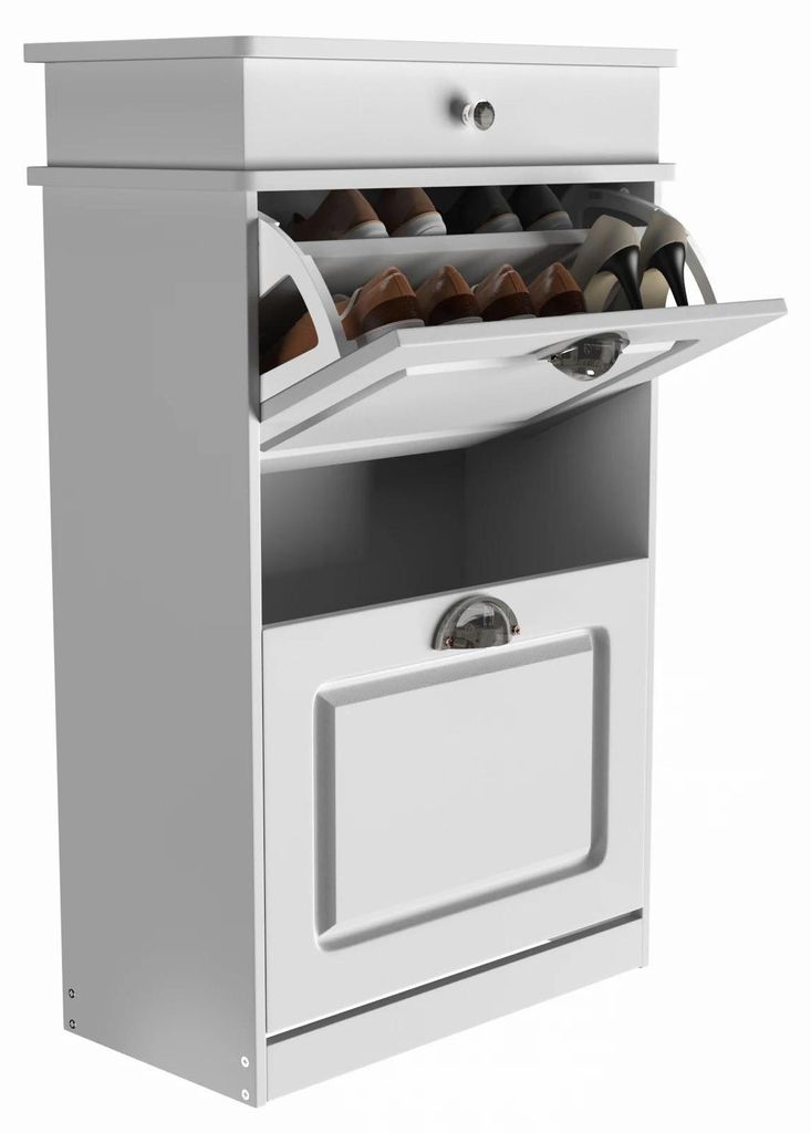 Schuhschrank - Schuhregal mit 2 Türen - Vier Fächer - Schmal für Flur/Eingang - Holz - Maße 53x24x85 cm - Weiß