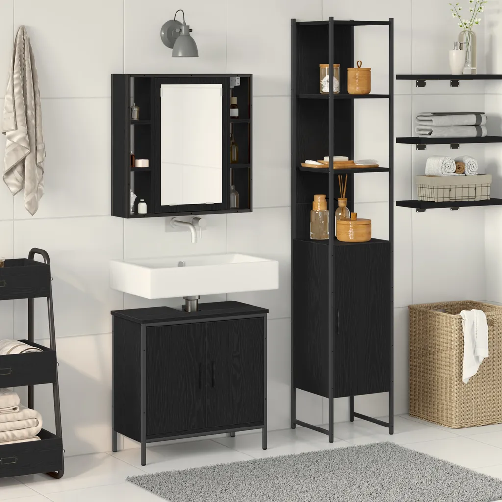 Aménagement salle de bain meuble noir 3 pièces pour rangement optimal