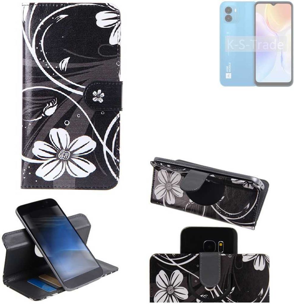 K-S-Trade Schutzhülle Handyhülle kompatibel mit AGM Note N1 Lite Hülle 360° Wallet Case “Flowers“ Klapphülle Hülle schwarz-weiß 1x