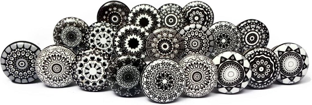 Set mit 20 Keramikknöpfen mit handbemaltem, schwarzem Blumenmosaikmuster. Handgefertigte Griffe für Schränke, Schubladen, Kommoden und Kleiderb...