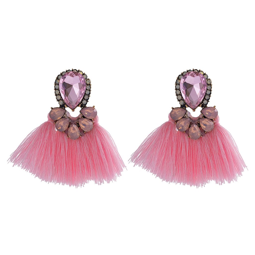 Frauen übertriebene Wassertropfen Strass Fan Form Quaste Ohrstecker Schmuck-Rosa