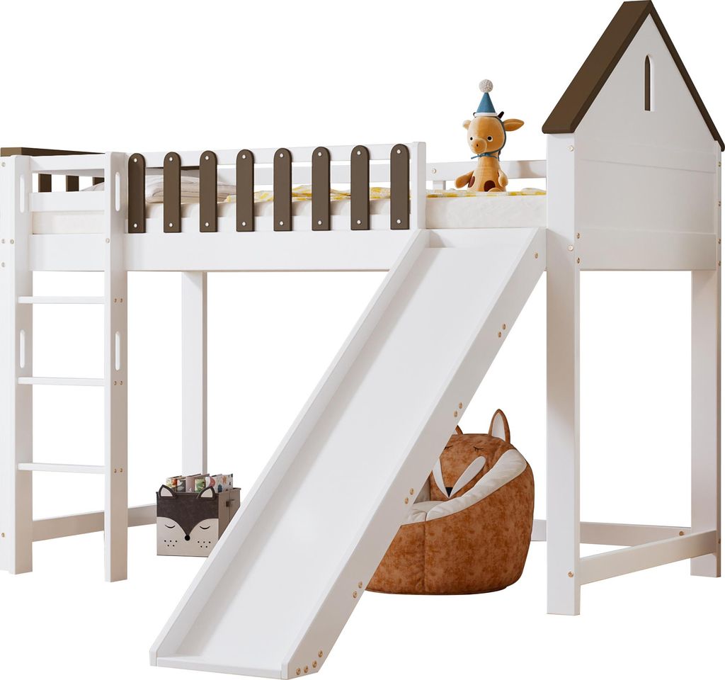 Hochbett mit Lattenrost, Trittleiter und Rutsche, 90x200 Produktbild 