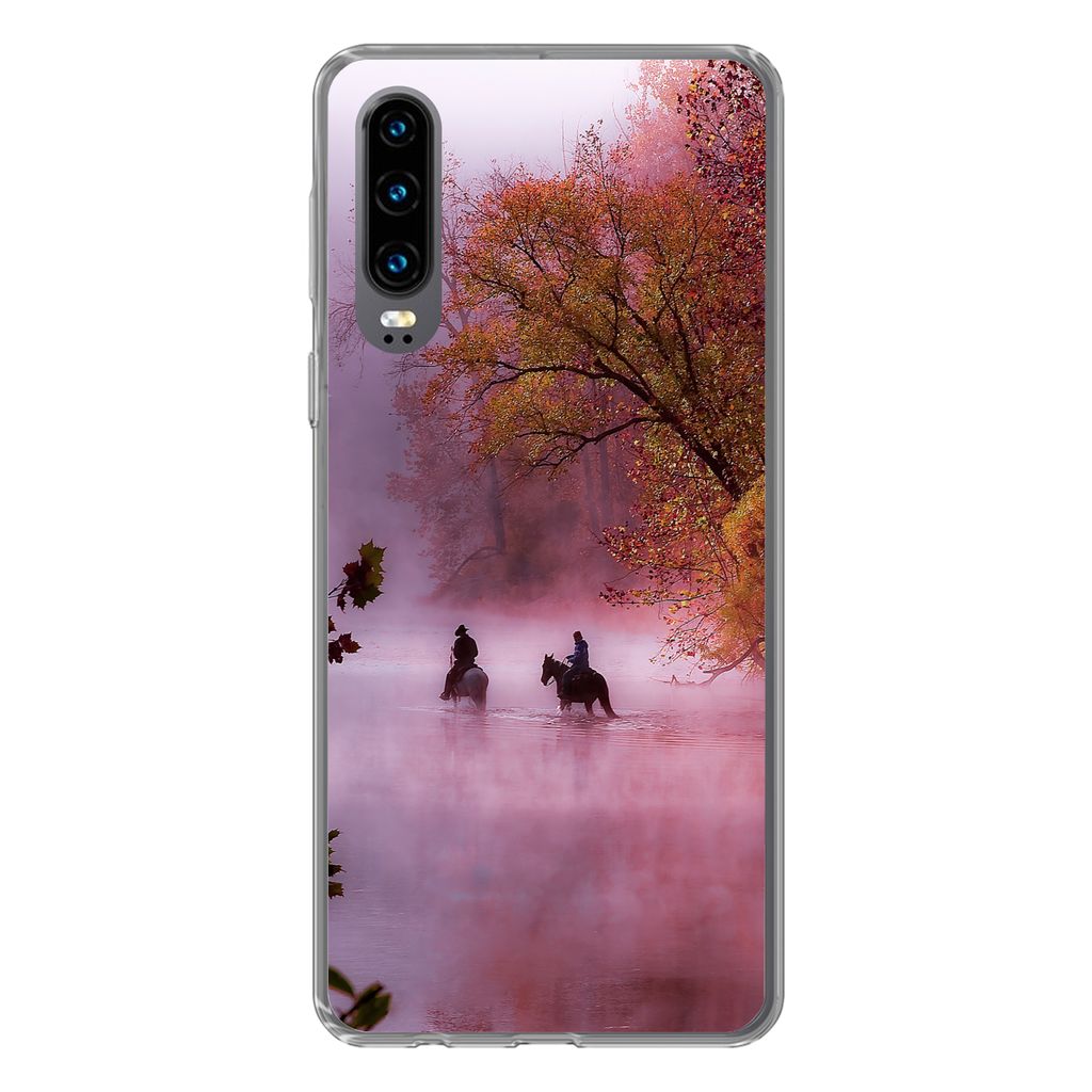 MuchoWow Handyhülle Schutzhülle Hülle für Huawei P30 Pferde - Nebel - Wald Silikon Softcase Handy Hülle - Kartenbesitzer