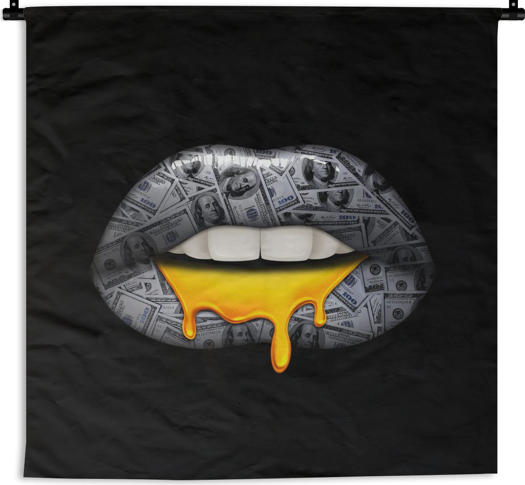 MuchoWow Wandteppich Wandbehang Lippen - Geld - Schwarz und Weiß 150x150 cm Tapisserie Dekoration Wandtuch - Wohnaccessoires - Modernes
