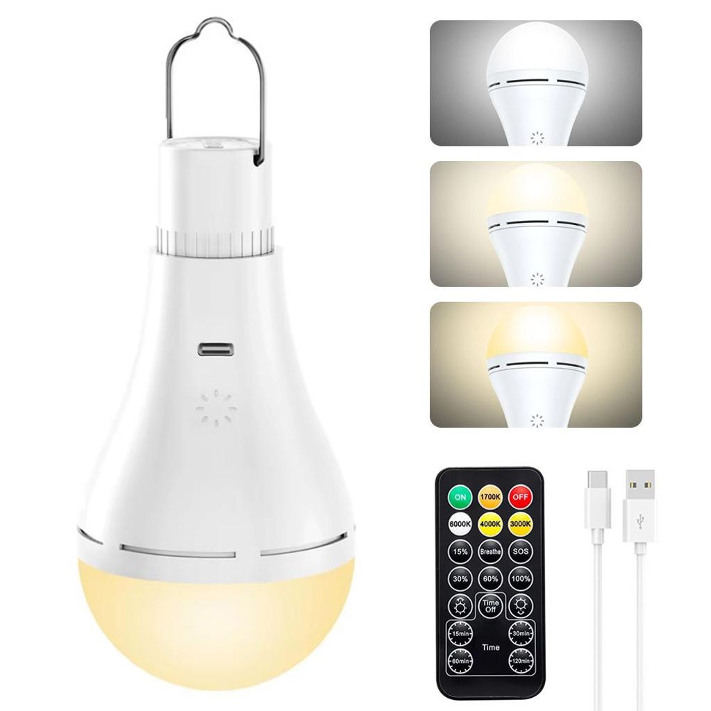 9W LED Glühbirne USB Rechargeable Lampe mit Fernbedienung, Timing, 3 Farben & Dimmba, E27-Sockel mit Haken für Tischlampe, Pendellampe, Nachtlichte