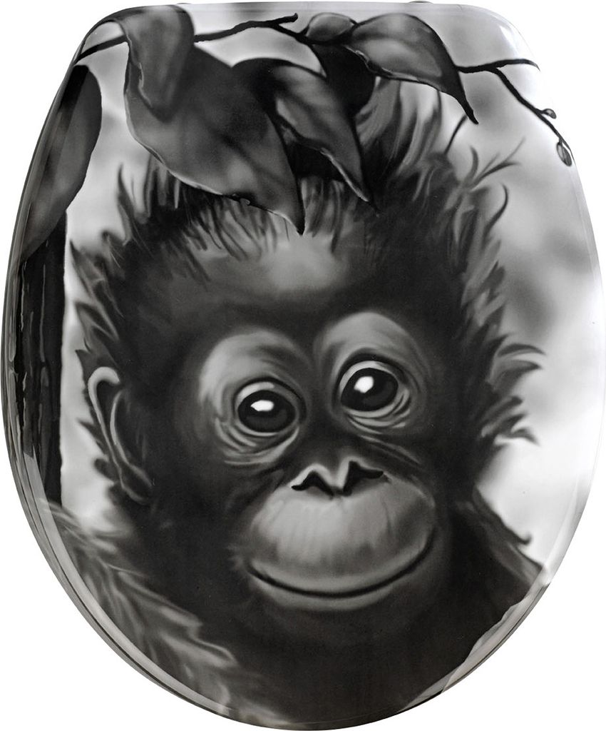 A black and white illustration of a baby orangutan on a toilet seat.