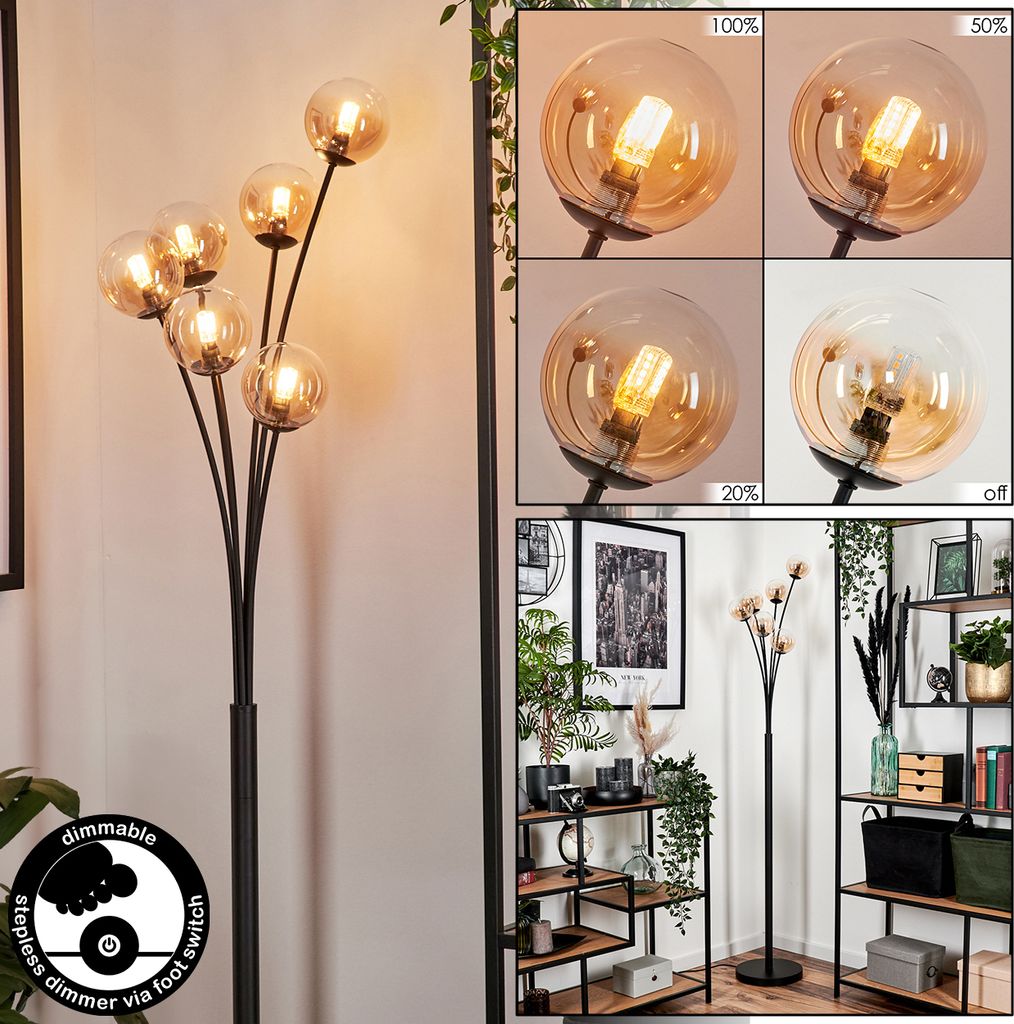 Lerici Stehlampe aus Metall/Glas in Schwarz/Bernstein/Klar