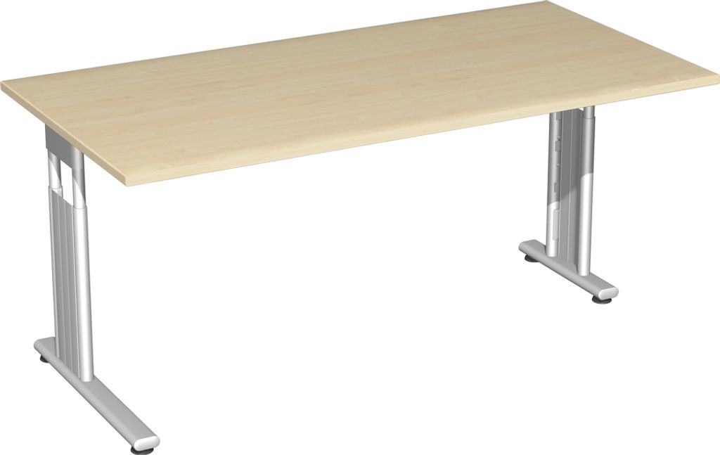 Schreibtisch höhenverstellbar, einseitig zurückgesetzt, 1600x800x680-820, Ahorn/Silber