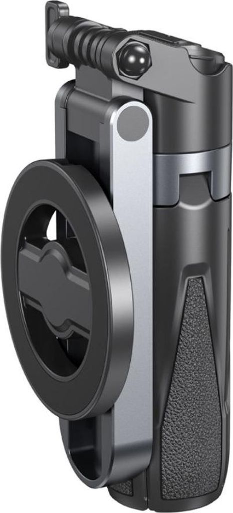 A close-up, side view of a black and silver selfie stick-tripod.