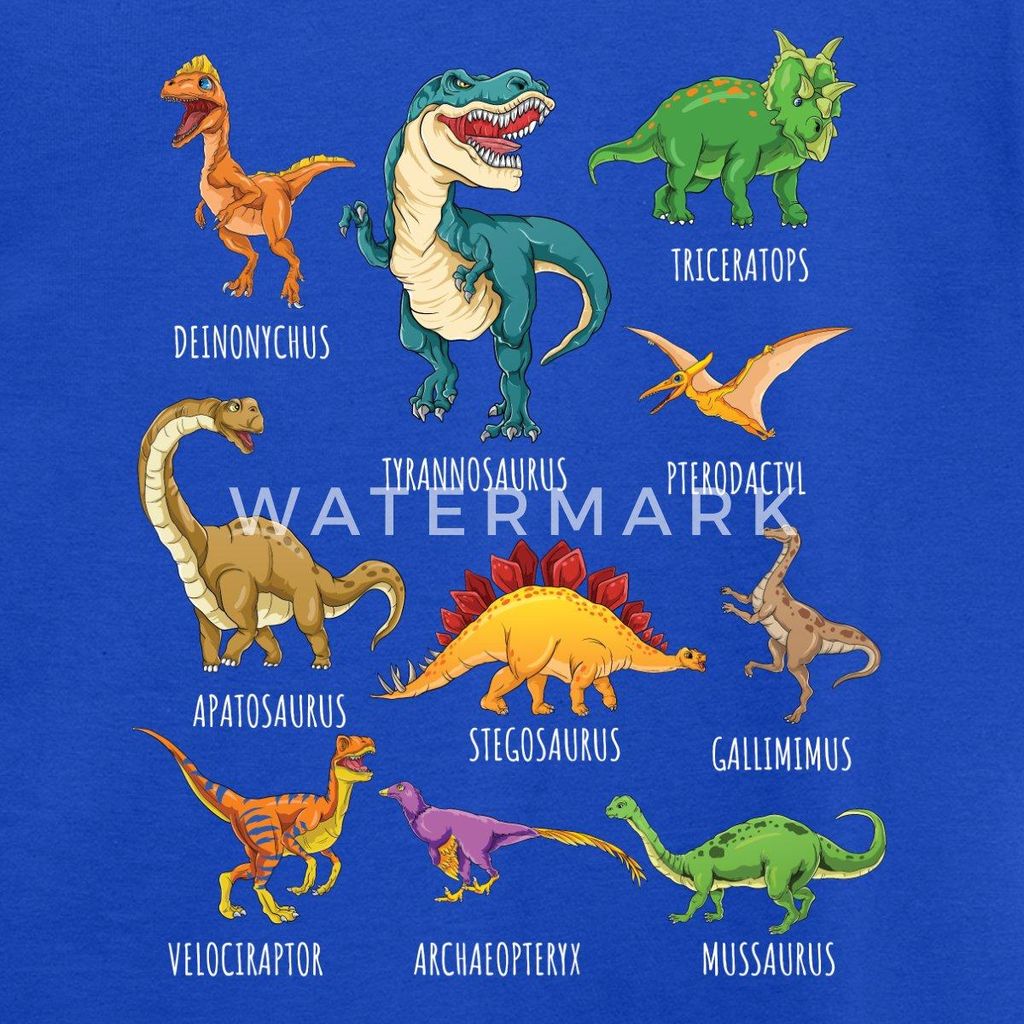 Spreadshirt Dinosaurier Arten Übersicht Dino T-Rex Comic Kinder T-Shirt, 110/116 (5-6 Jahre), Royalblau