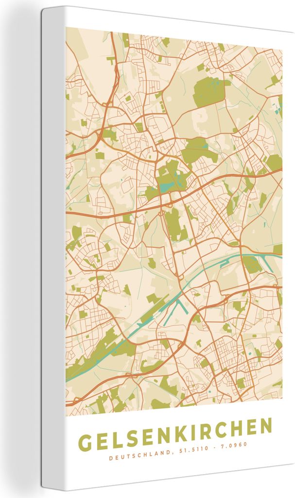 OneMillionCanvasses - Leinwandbilder - 90x140 cm, Karte - Gelsenkirchen - Karte - Vintage - Stadtplan, Wandbilder Kunstdruck Wanddekoration - Fot...