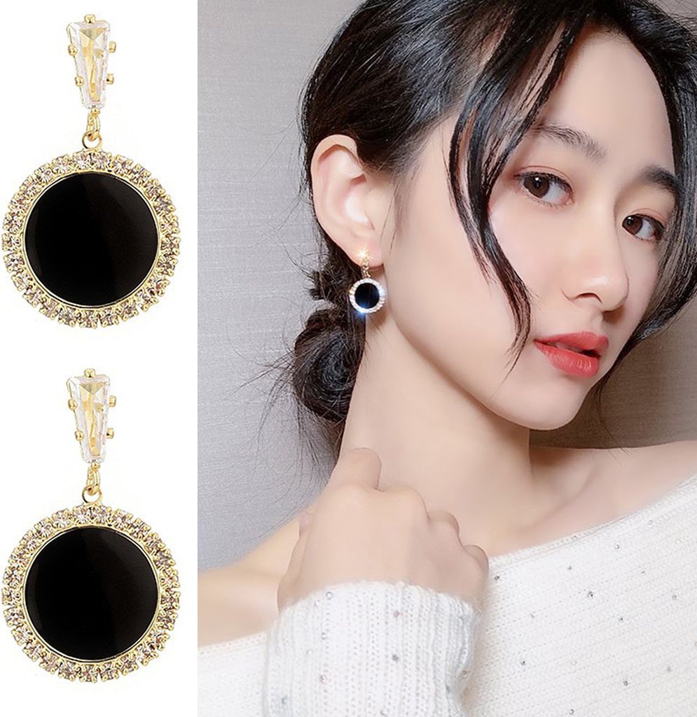 1 Paar Ohrstecker, geometrisch, schwarz, elegant, Temperament, Luxus, Strass, eingelegt, rund, baumelnde Ohrringe, Modeschmuck