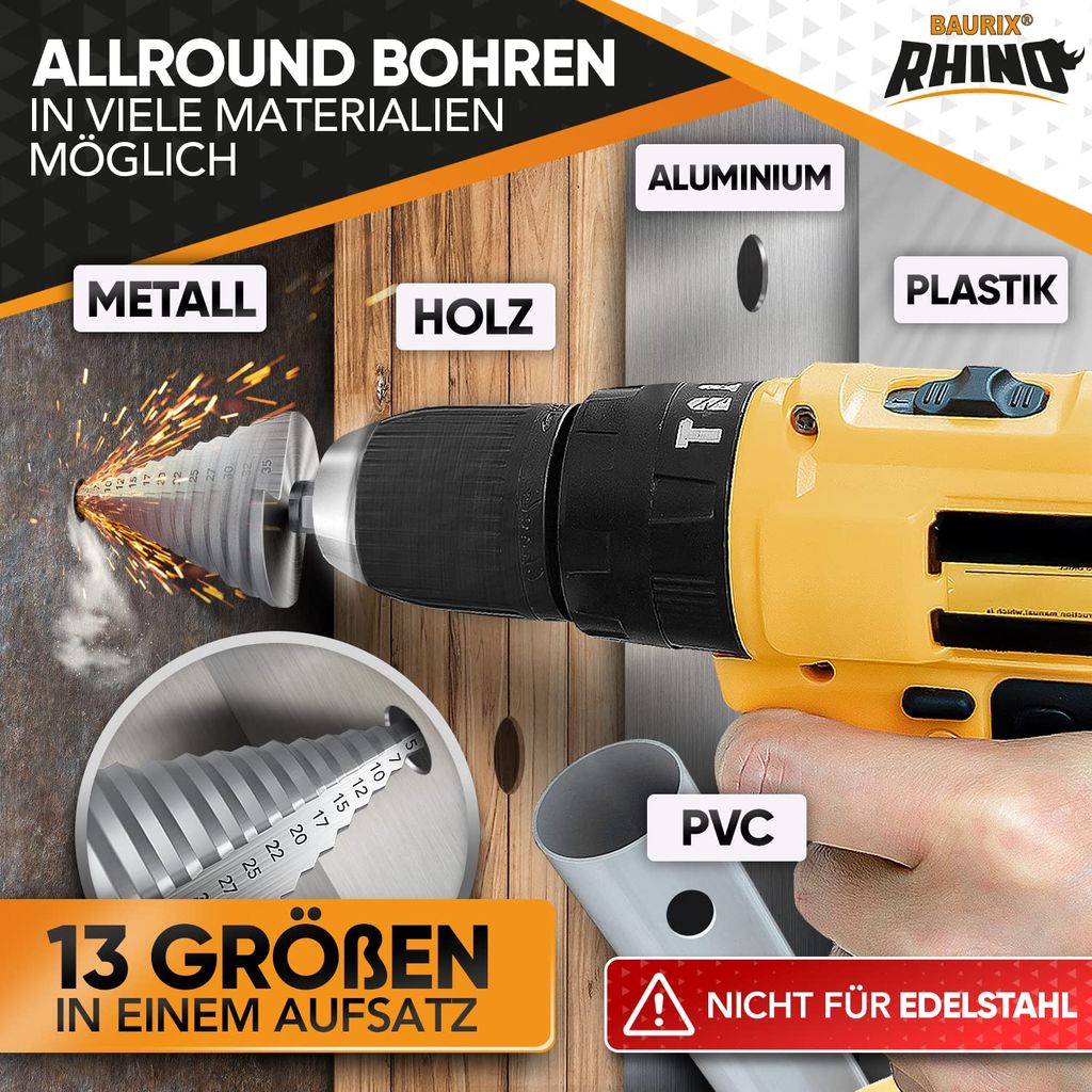 BAURIX® Fresa A Gradini RHINO® Per Metalli, Legno E Plastica - Ø 5-35mm Con Albero Triangolare 10mm - Perfetta Per Trapani Standard - Foto 8