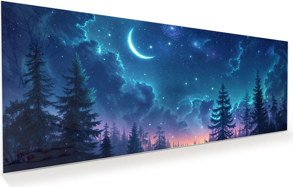 Glasbild 125x50cm in XXL für Wohnzimmer, Schlafzimmer Motiv Nachthimmel Wald