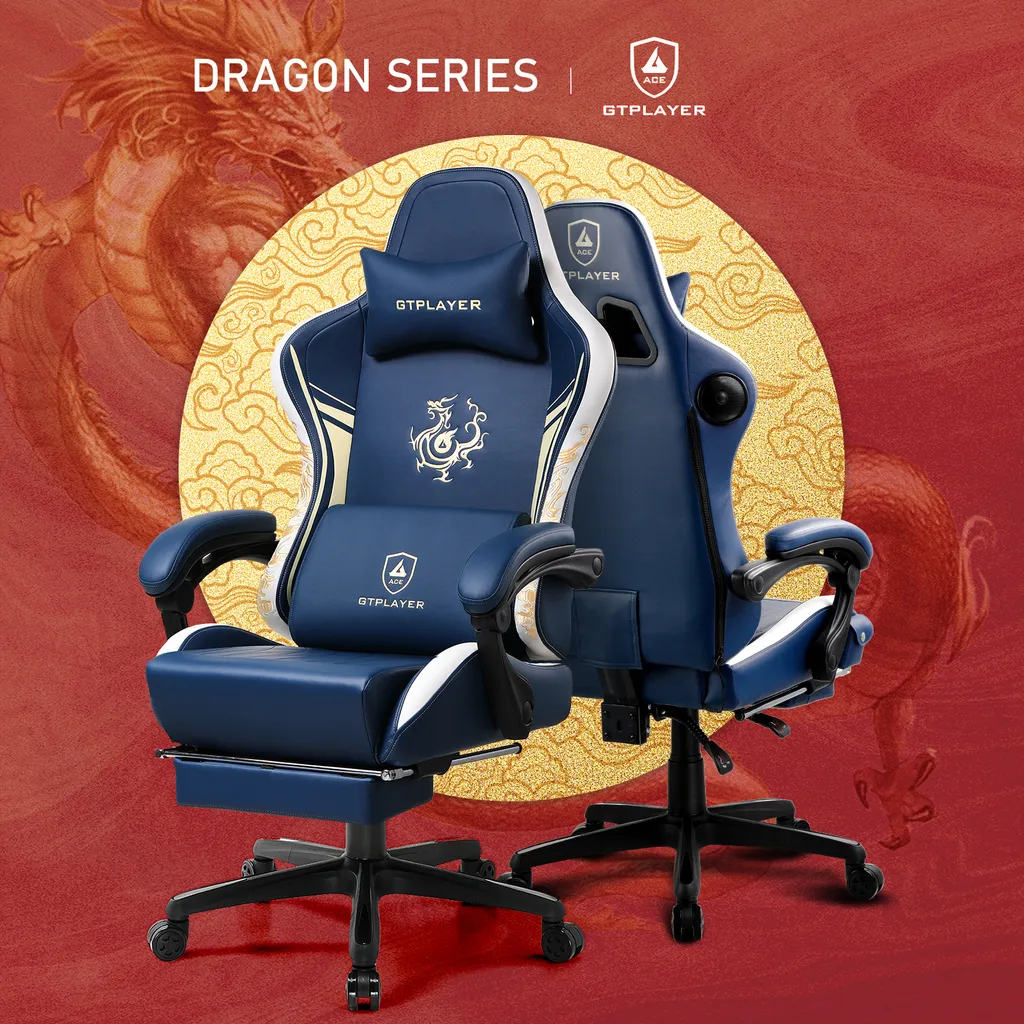 GTPLAYER Dragon Chaise de Jeu Bluetooth avec Repose-pieds Ergonomique Bleu