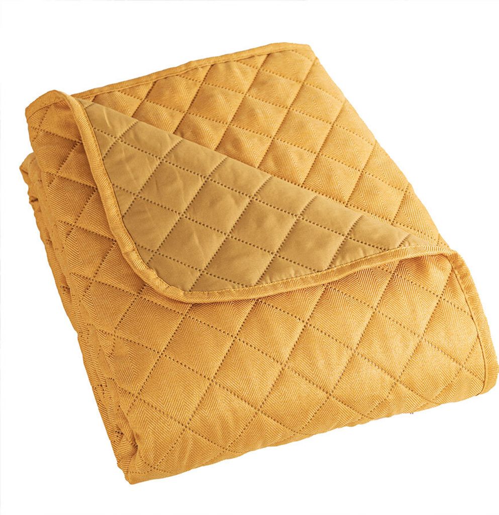 Senfgelbe Tagesdecke mit Fischgrätenmuster 220x240 cm - Eleganz in Ihrem Schlafzimmer