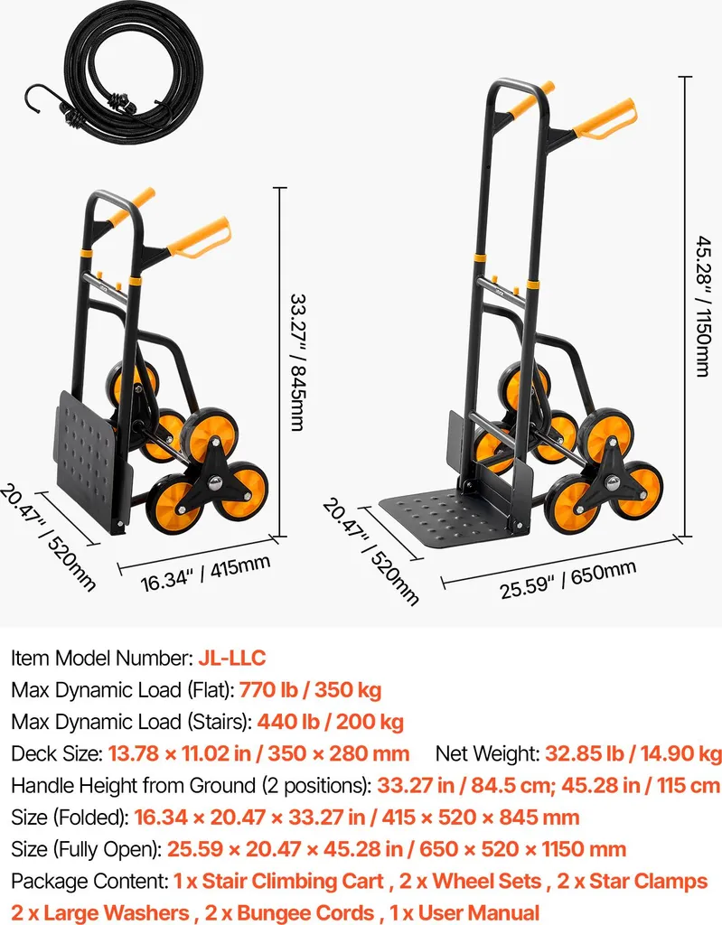 Diable escalier 6 roues avec 2 sangles, capacité 200 kg, modèle pliable