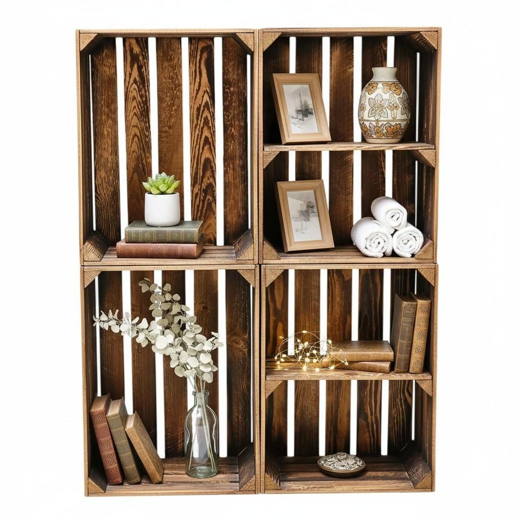Four wooden crates arranged in a 2x2 grid, each with shelves, displaying decorative items.
