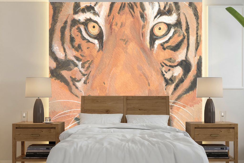 MuchoWow Fototapete für Wohnzimmer oder Schlafzimmer Wandtapete Vinyl Motivtapete Tiger - Kopf - Orange - 280x280 cm - Hintergrundbild