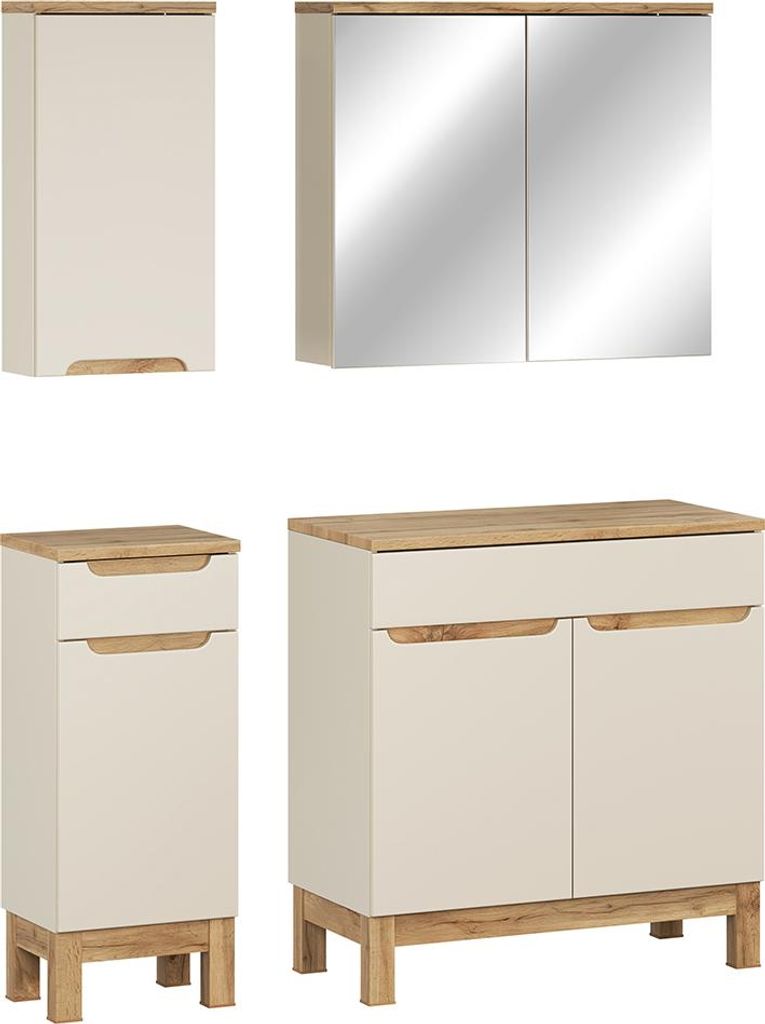 Badmöbel-Set 4-teilig mit 80 cm Waschtischschrank & Spiegelschrank in kaschmir und Eiche, modern grifflos - SOLNA-56-CASHMERE