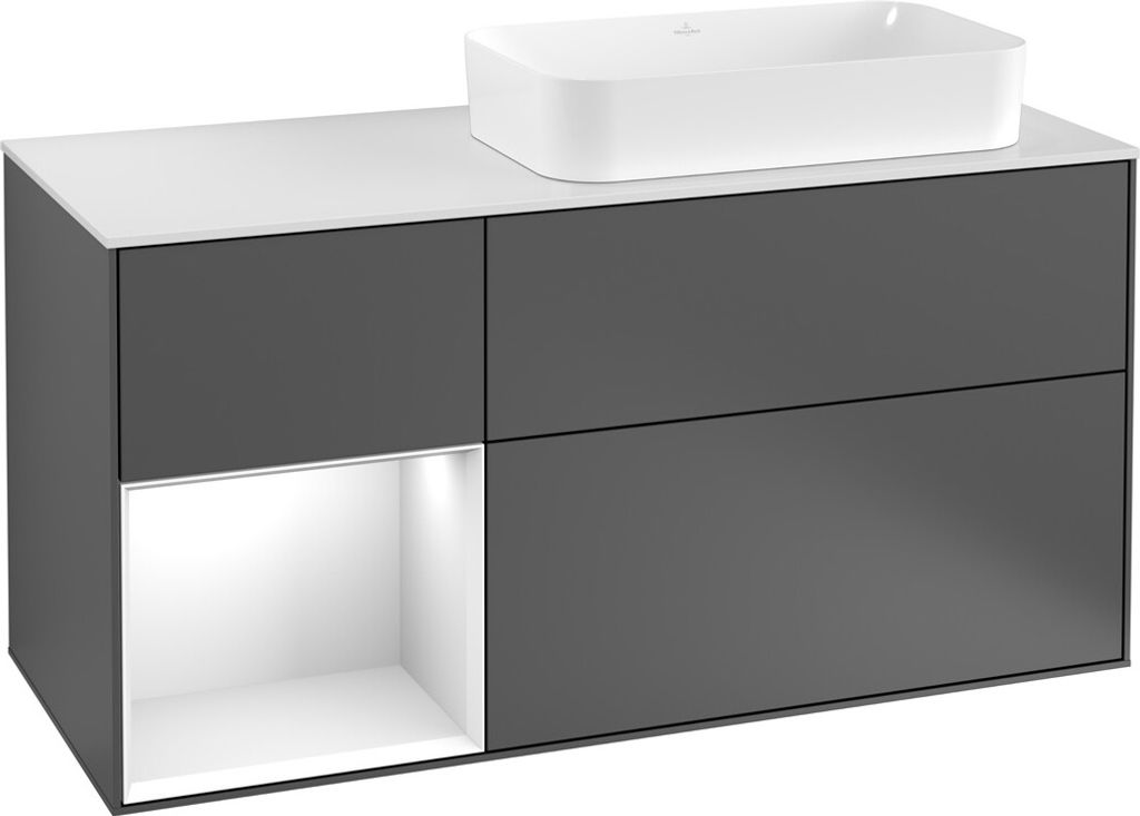 Villeroy & Boch Waschtischunterschrank FINION 1200 x 603 x 501 mm, mit Abdeckplatte Glas White Matt Regalelement Walnut Veneer Anthracite Matt