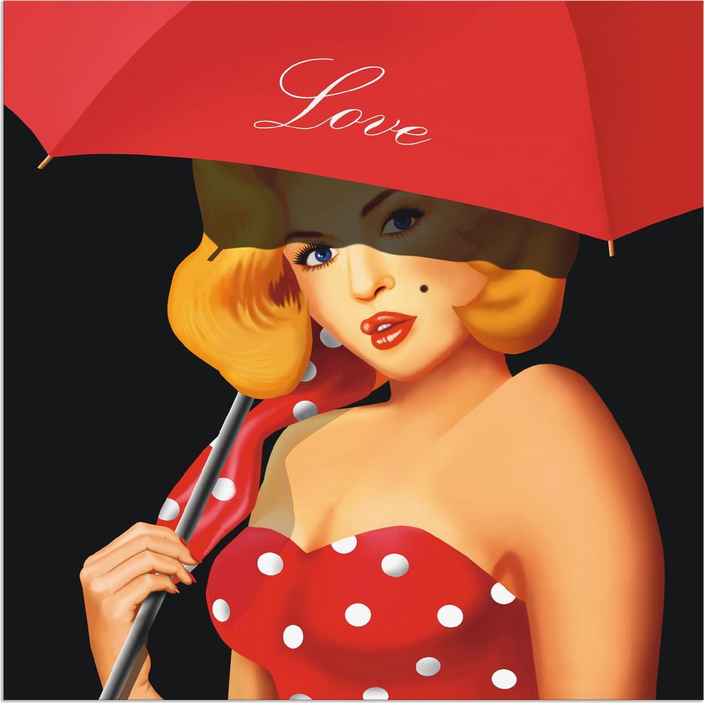 ARTland Wandbild Alu für Innen & Outdoor Pin-Up Girl unter rotem Regenschirm Größe: 70x70 cm