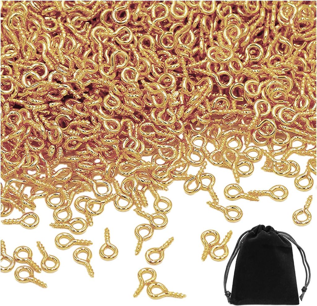 400 Stück kleine goldene Schraubhaken mit 1 schwarzer Aufbewahrungstasche - lange Ösenschrauben aus rostfreiem Stahl - mini-goldene Haken zum Fes...