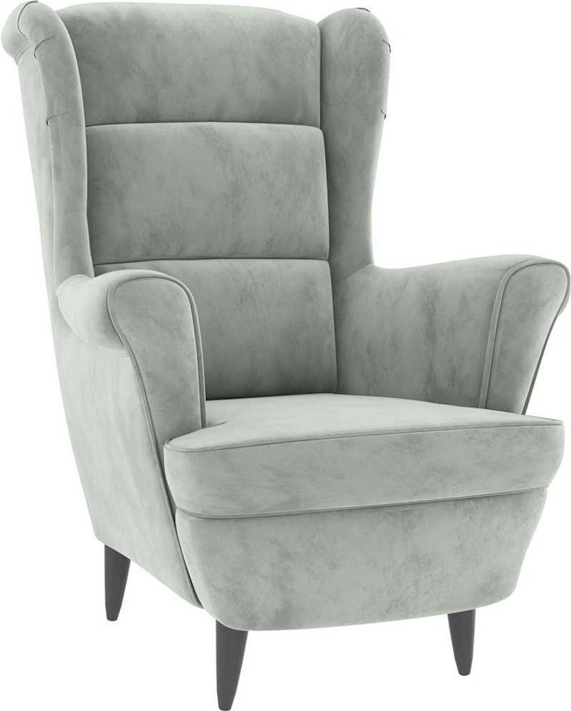 A light gray velvet armchair is shown against a white background.