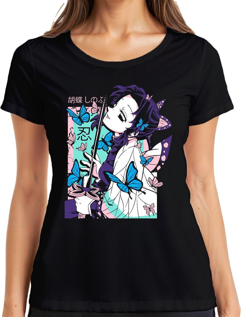 胡蝶しのぶ Schmetterling Anime Katana Kawaii Geschenk Damen T-Shirt, Schwarz, S