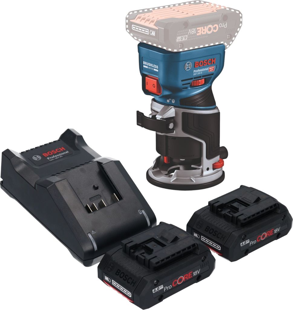 Bosch GKF 18V-8 Professional Akku Kantenfräse 18 V 8,0 mm Brushless + 2x ProCORE Akku 4,0 Ah + Ladegerät