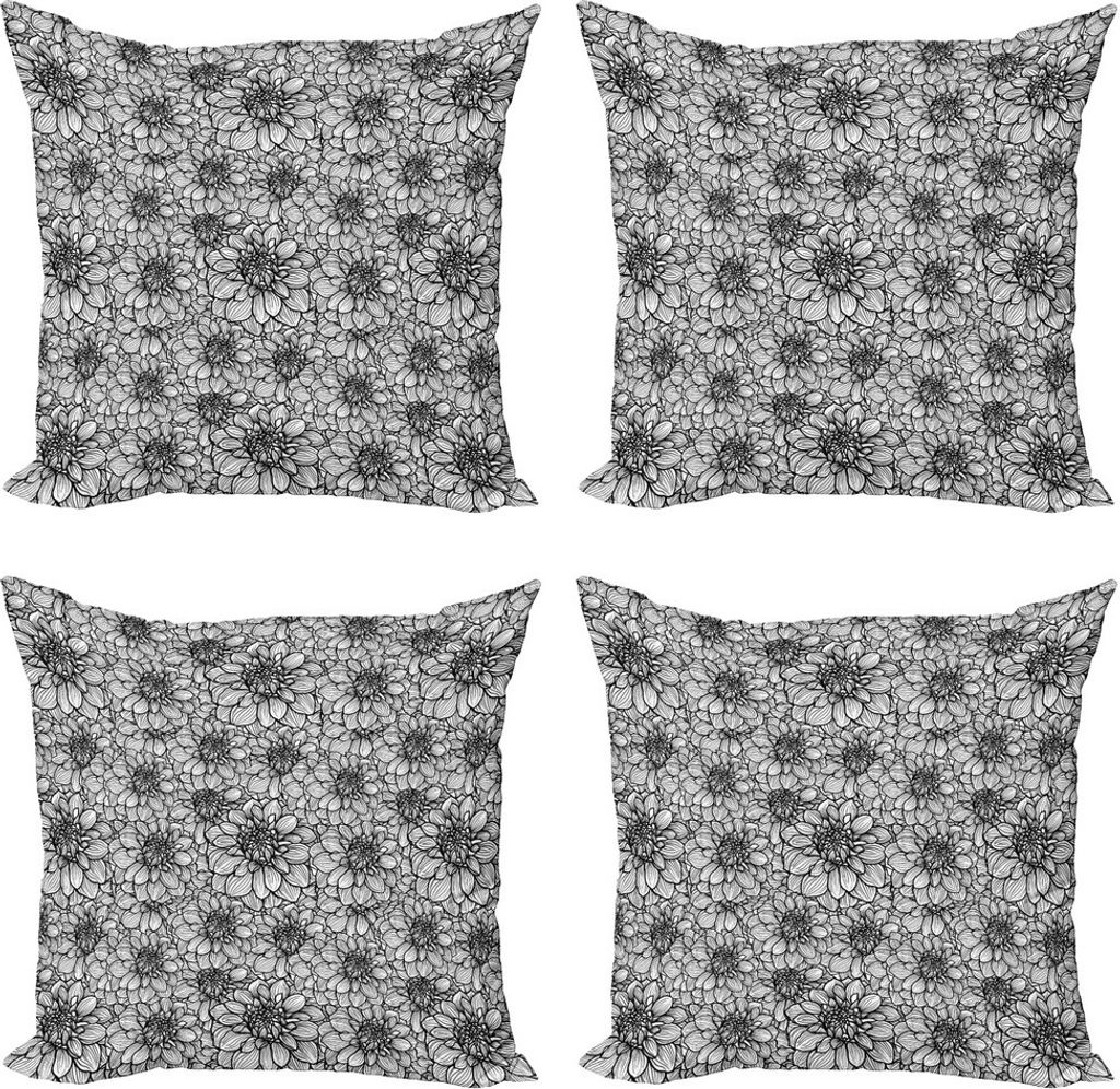 ABAKUHAUS Schwarz und weiß Kissenbezug Set (4 Stück), Dahlia Botanik, Moderner Doppelseitiger Digitaldruck, 45 cm x 45 cm, Schwarz-Weiss
