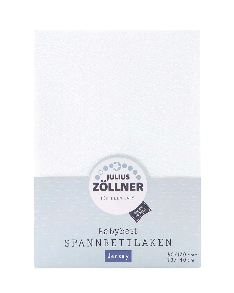 A white baby bed fitted sheet with brand logo and product details.