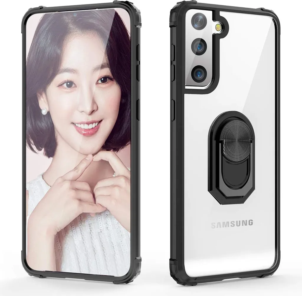 Custodia per Samsung Galaxy S21+, cornice nera, retro trasparente + anello