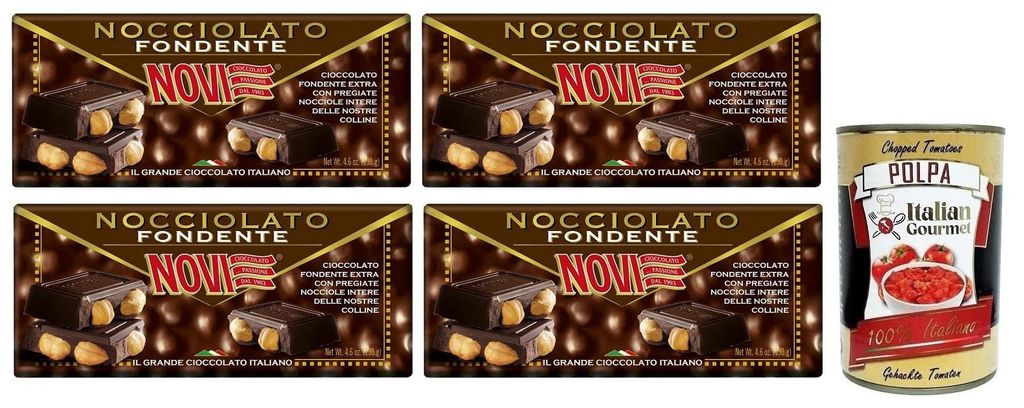 4x Novi Nocciolato Fondente con Nocciole Intere,Tafel Extra Dunkle Schokolade mit ganzen Haselnüssen 130g + Italian Gourmet Polpa di Pomodoro 400g...