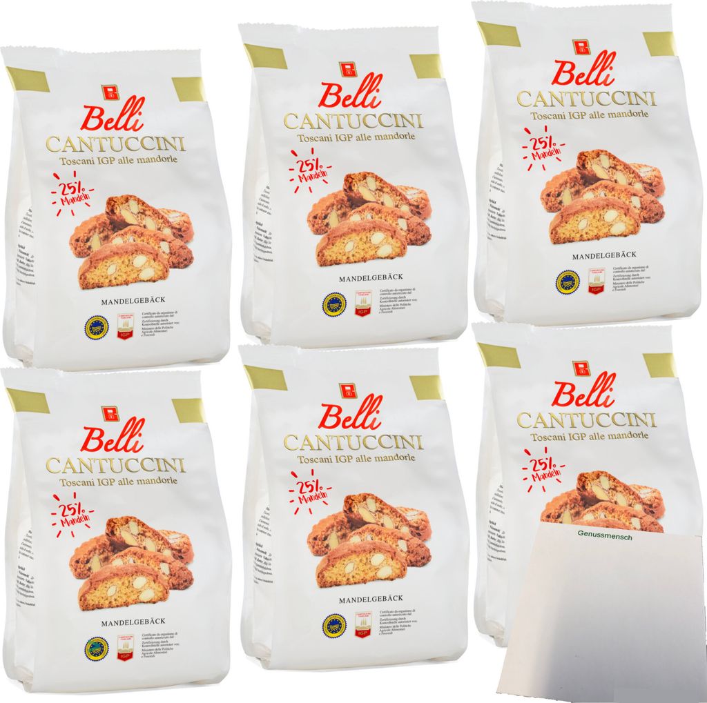 Belli Cantuccini Gebäck mit 25% Mandeln 6er Pack (6x250g Beutel) + usy Block